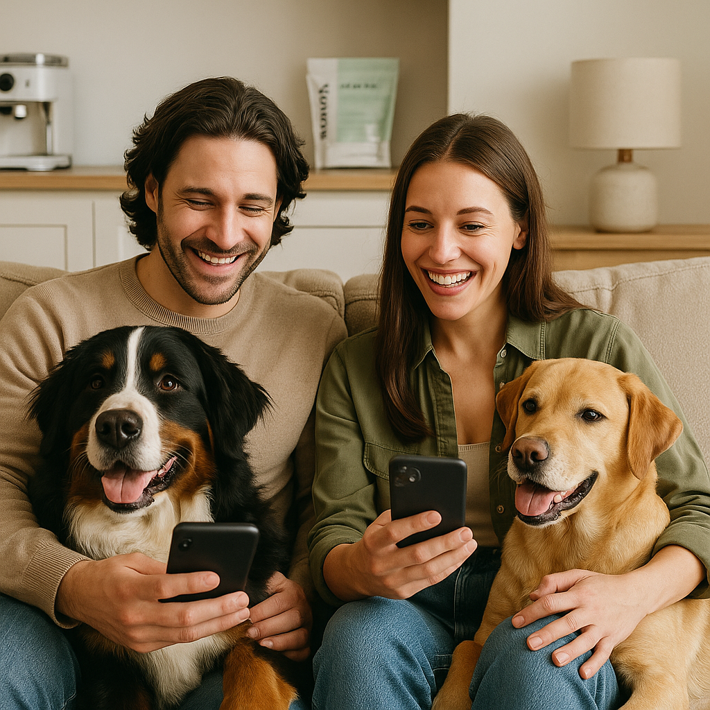 Two people sitting on a couch with two dogs, holding smartphones and smiling.
