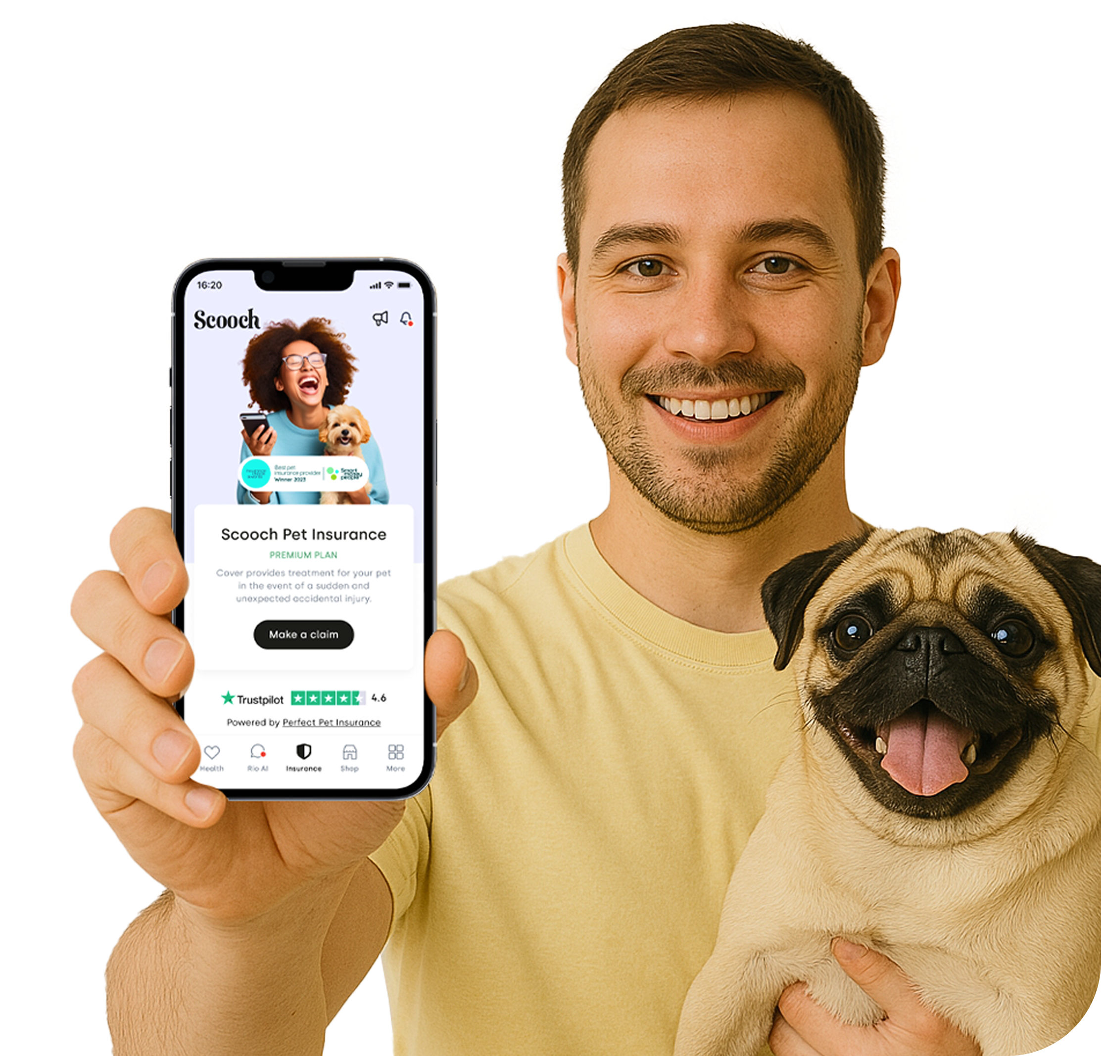 Man holding a smartphone displaying pet insurance app, with a smiling pug.