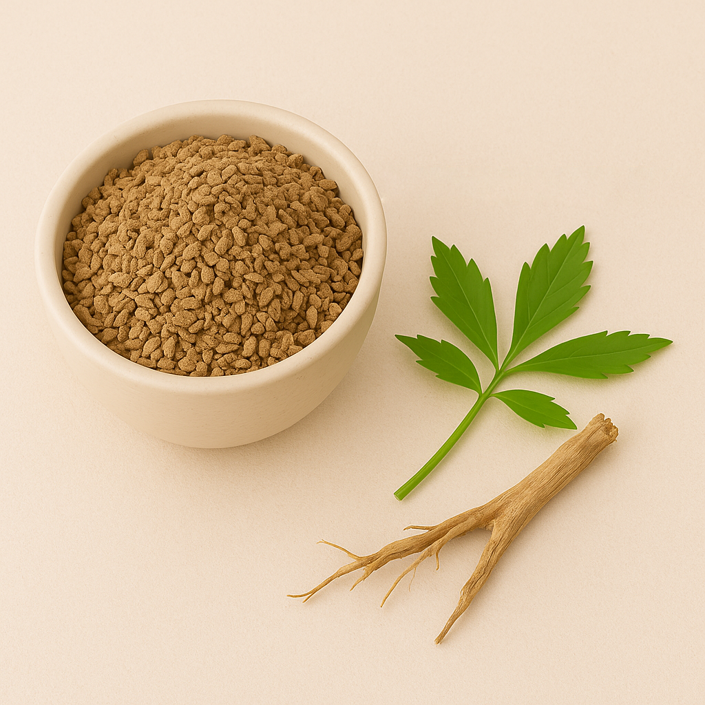Bowl of brown granules, green leaves, and a root on a beige background.