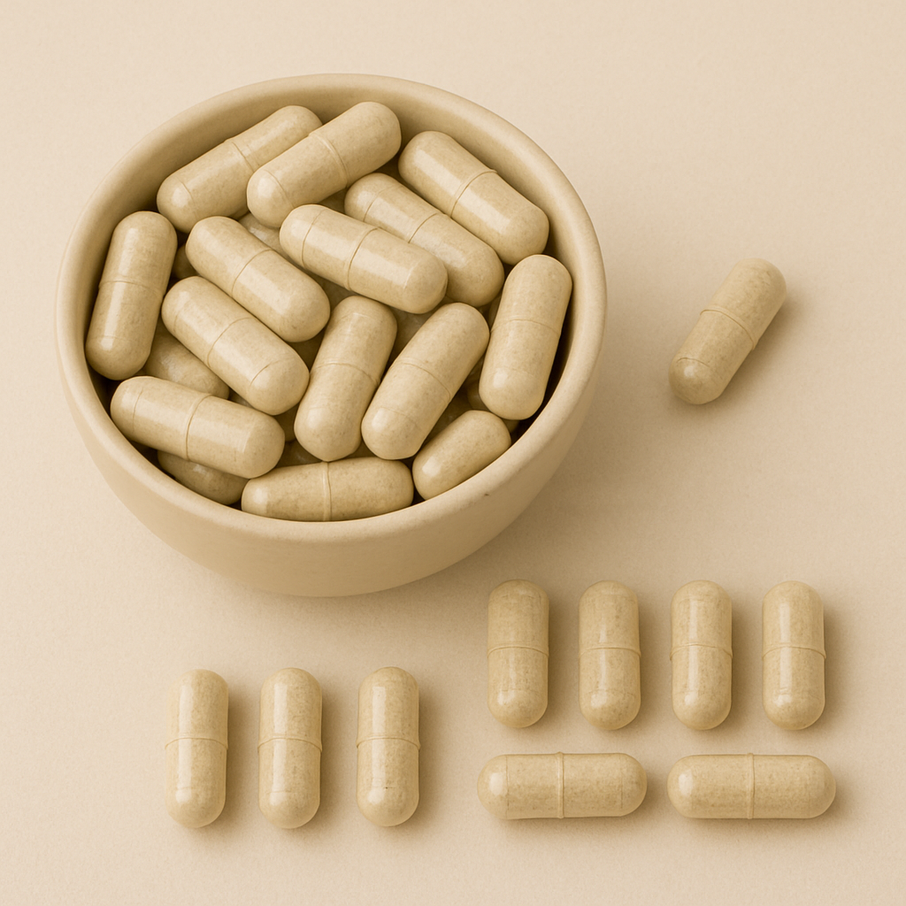 A bowl filled with beige capsules, with some capsules outside.