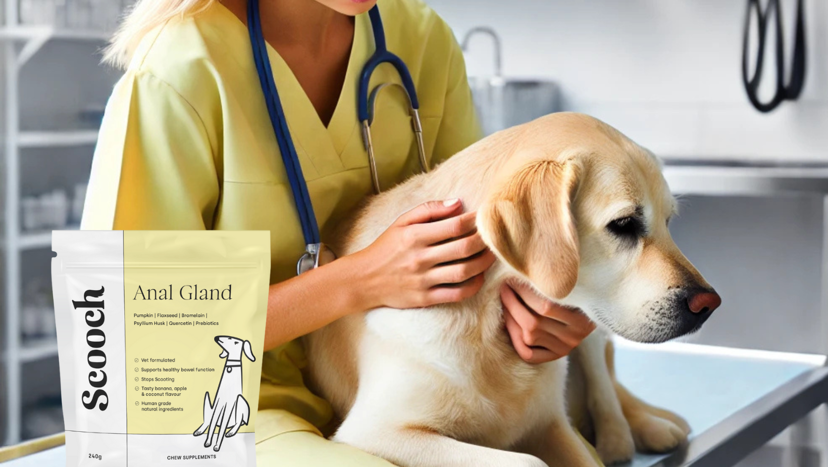 Veterinarian examining a dog with a package of pet supplements nearby.