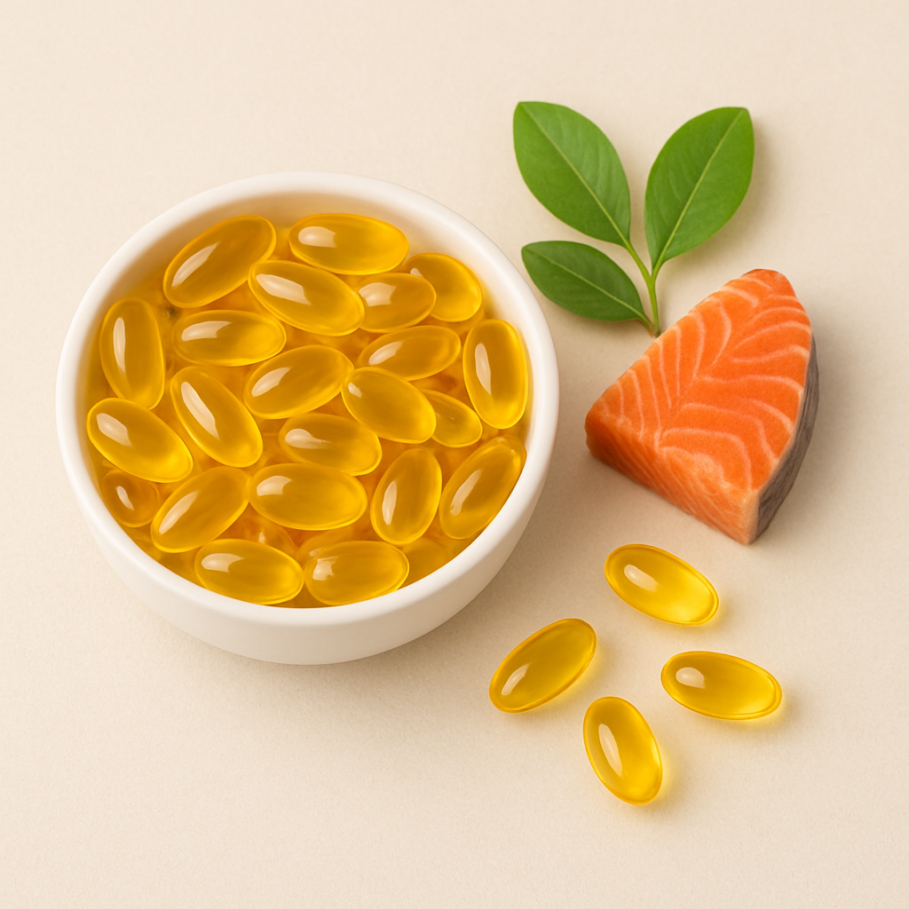 Bowl of yellow capsules, salmon piece, and green leaves on a beige background.