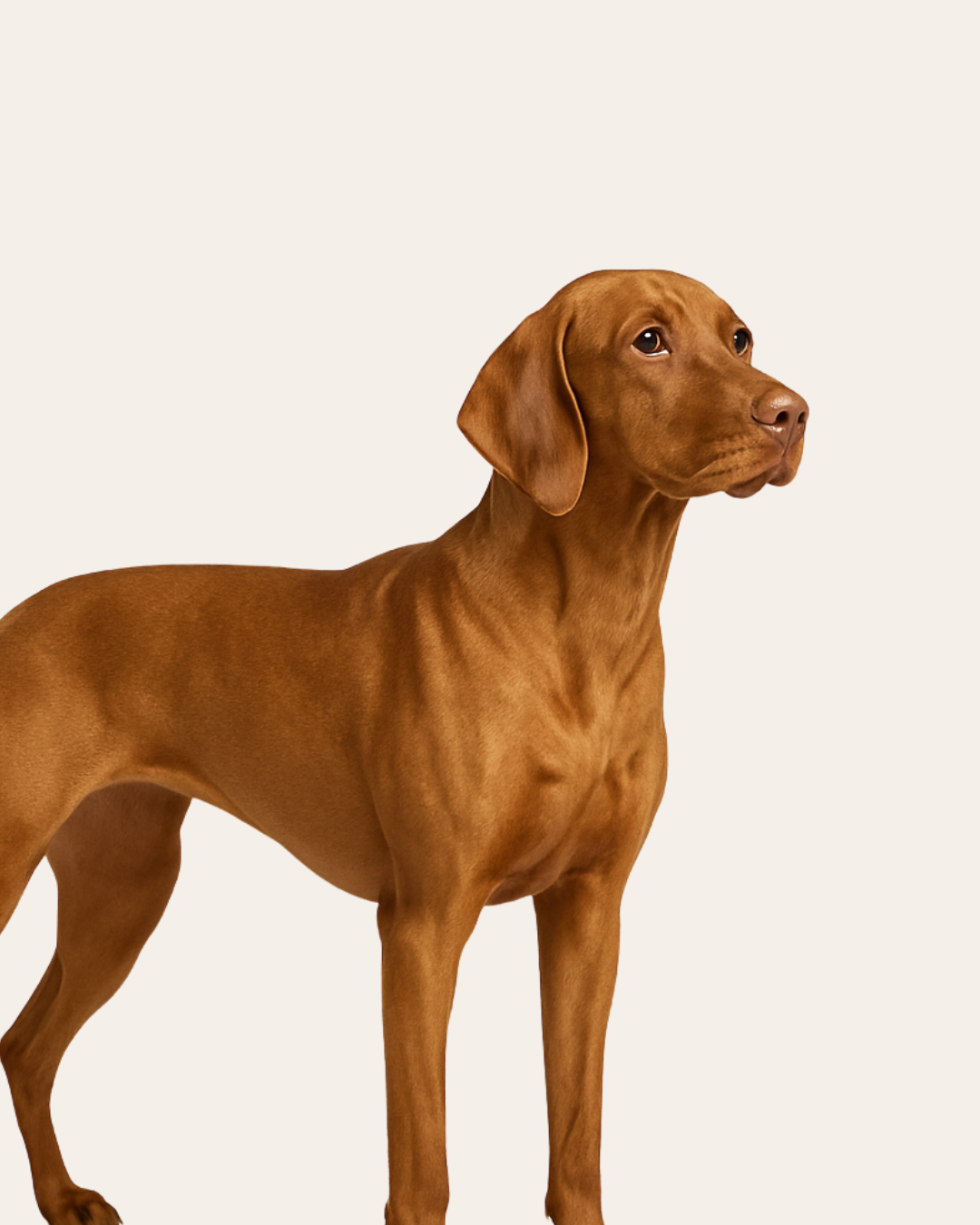 Brown dog standing against a plain background.