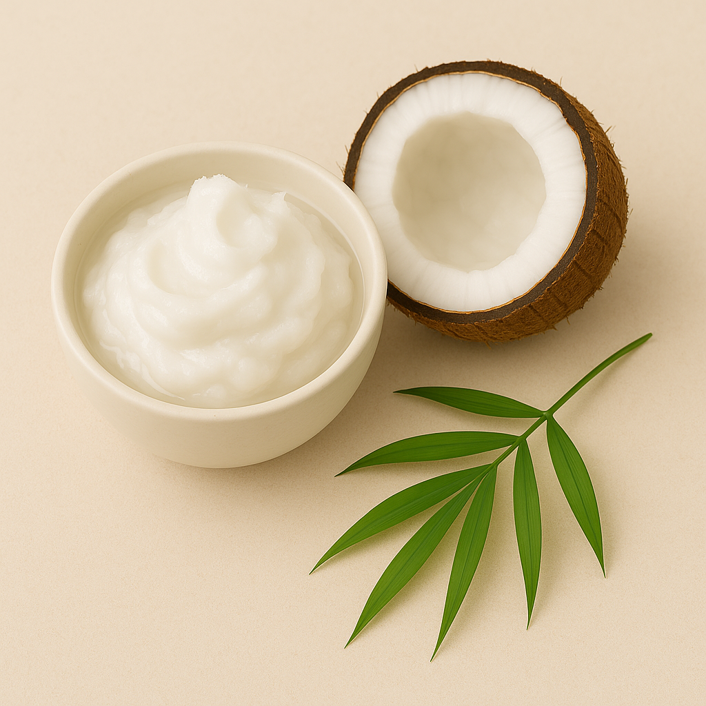 Bowl of white cream, half coconut, and green leaf on beige background.