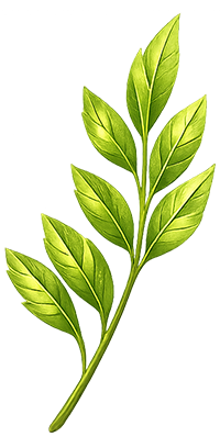A stylized illustration of a green branch with leaves on a white background.