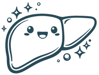 A cartoon drawing of a happy, sparkling liver with a smiling face.