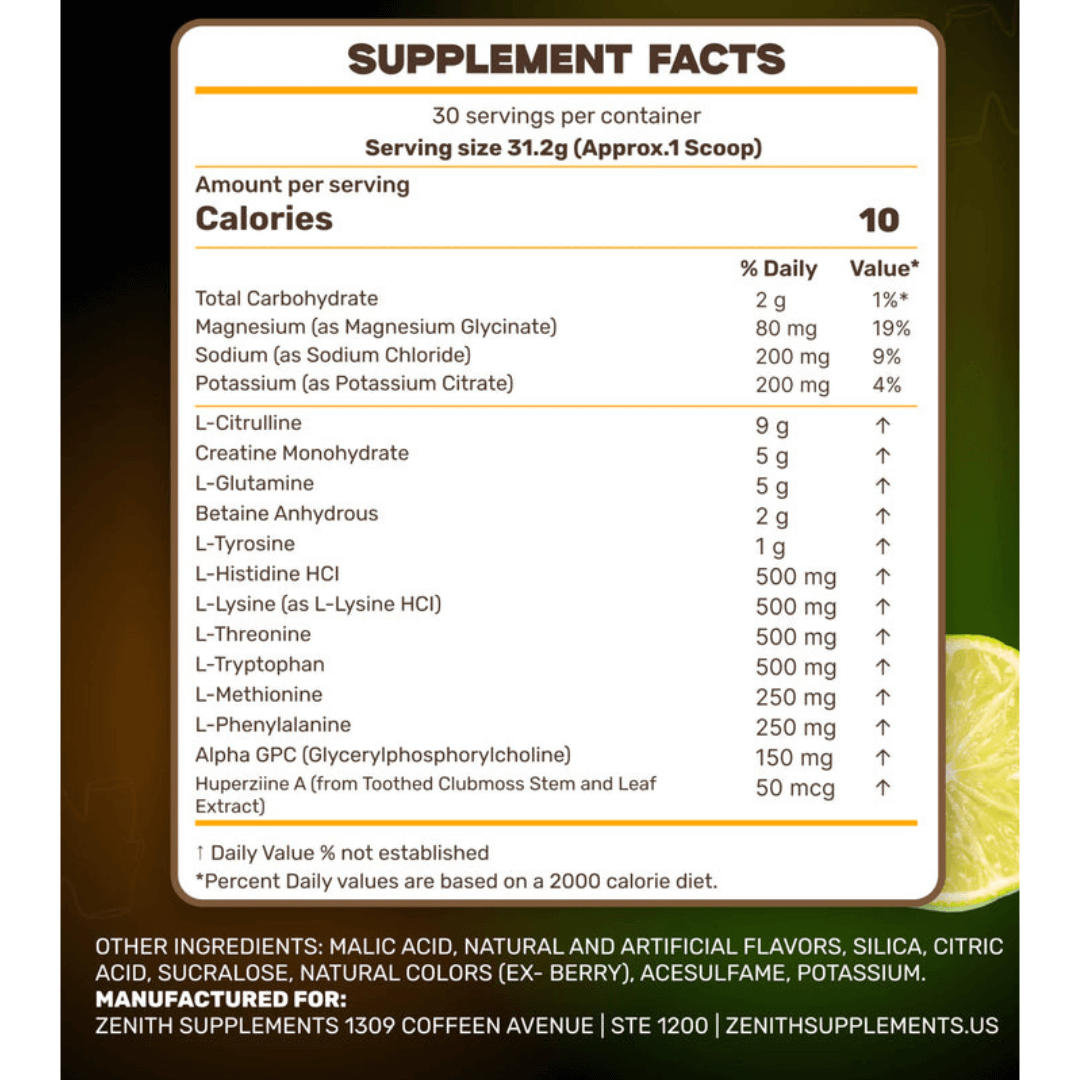 Supplement facts label with nutritional information and ingredients list.