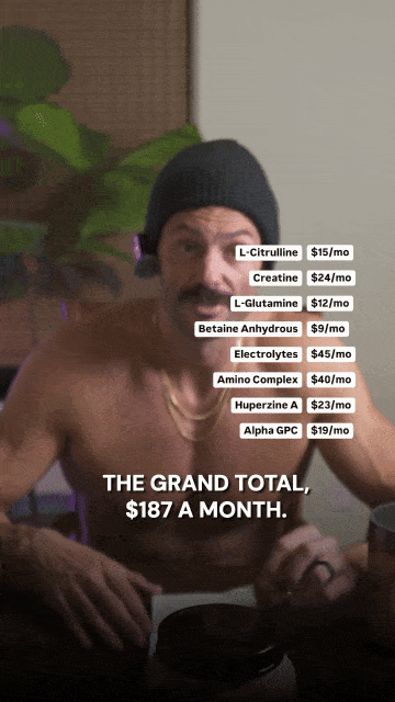 Man sitting with supplement prices listed, totaling $187 a month.