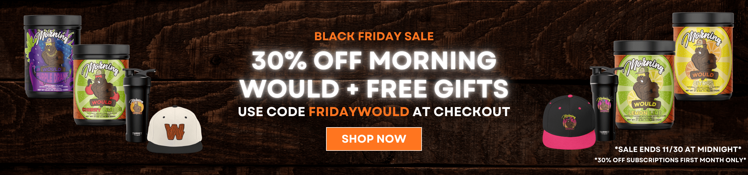 Black Friday sale banner with tubs of drink powder and hats.