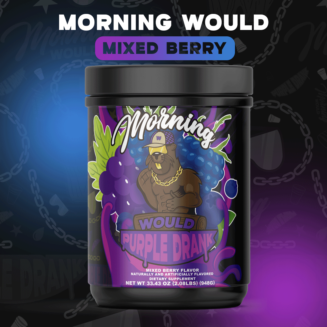 Black canister with colorful label featuring a muscular beaver and text 'Morning Would Purple Drank.'