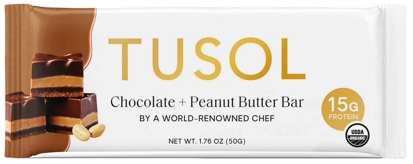 TUSOL chocolate and peanut butter bar packaging with protein content and USDA organic label.
