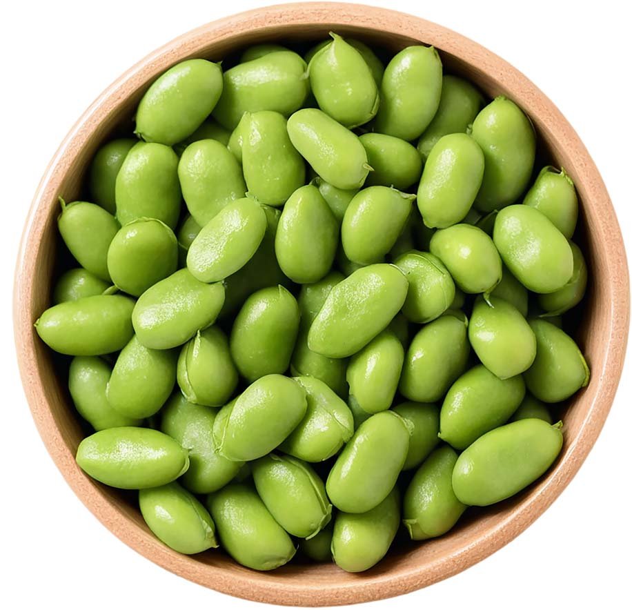 A wooden bowl filled with green edamame beans.