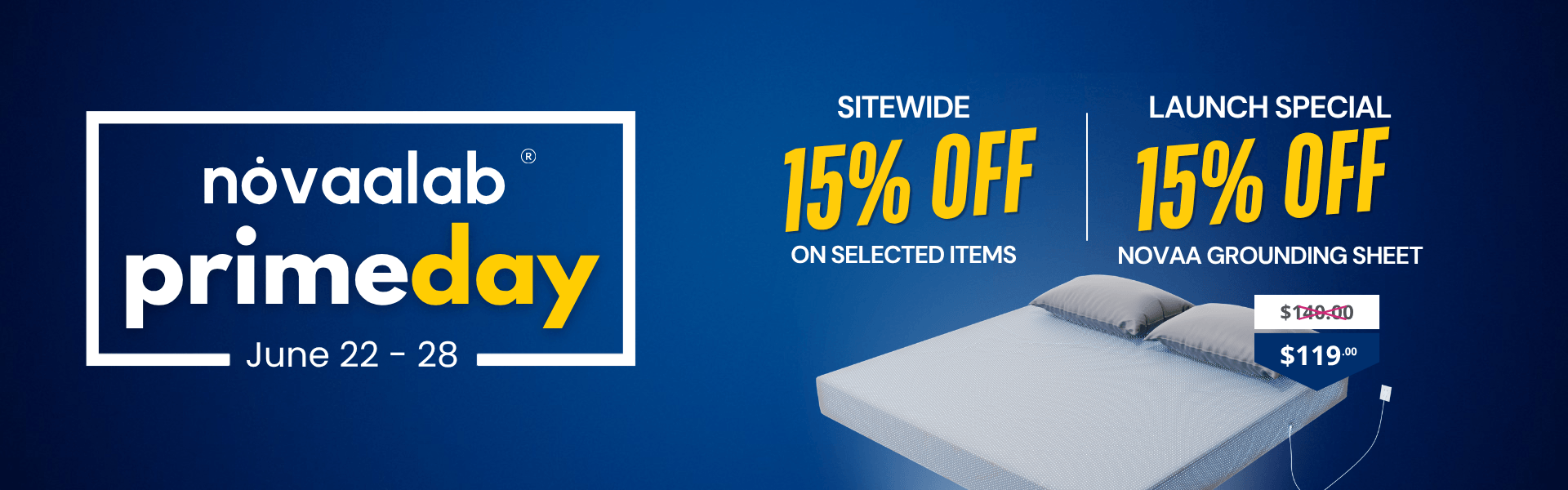 An advertisement for Novaalab Prime Day, featuring a 15% off sale on a grounding sheet and other items.