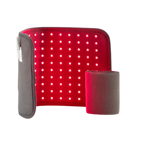 Red LED light therapy pad with a gray strap.