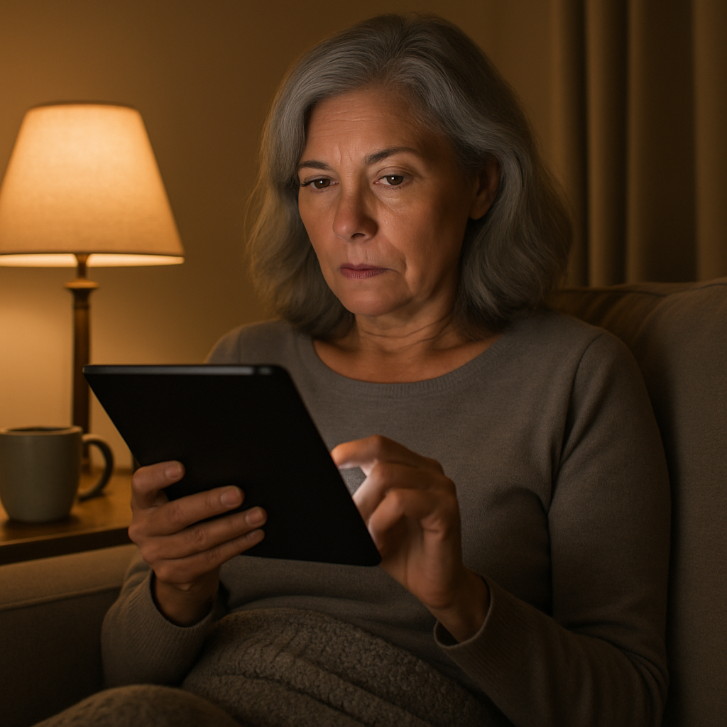 Woman reading on a tablet in a dimly lit room with a lamp.