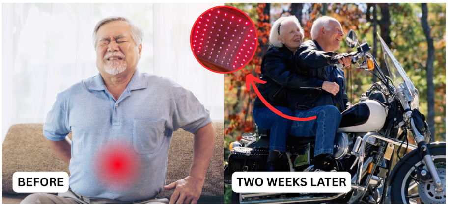 Man with back pain before, riding motorcycle with woman two weeks later.