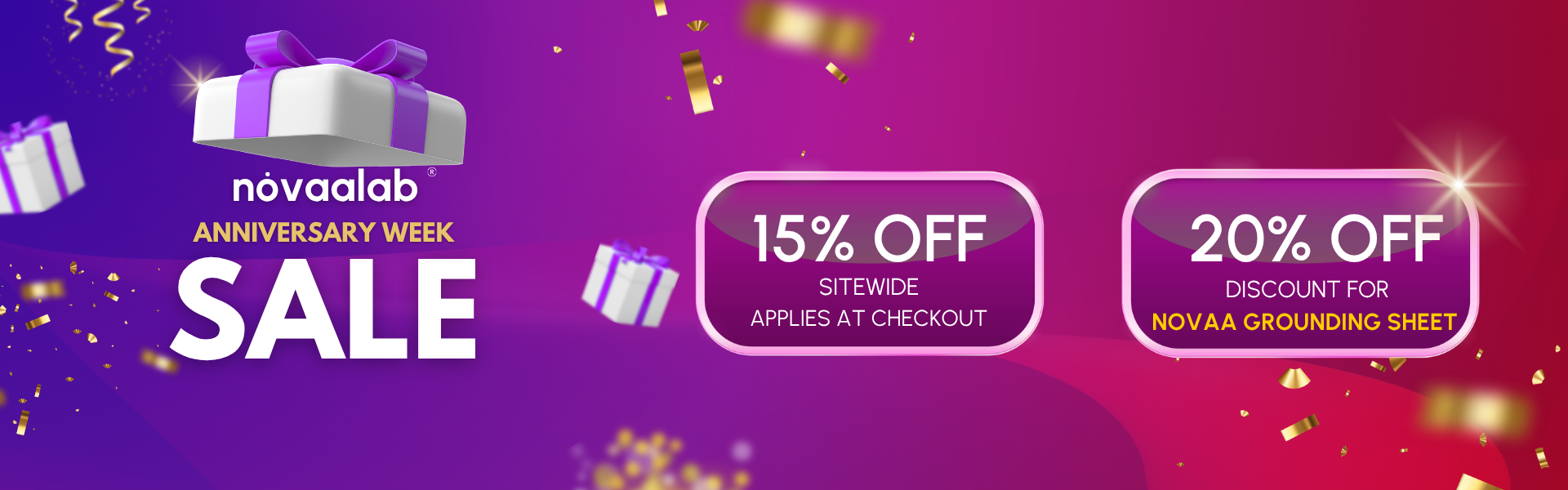 Novaalab Anniversary Week Sale banner with gift boxes, confetti, and discount offers for 15% and 20% off.