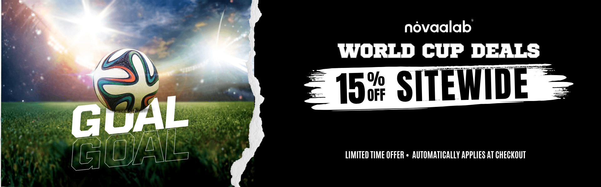 An advertisement for Novaalab World Cup Deals, showing a soccer ball on a field and offering 15% off.