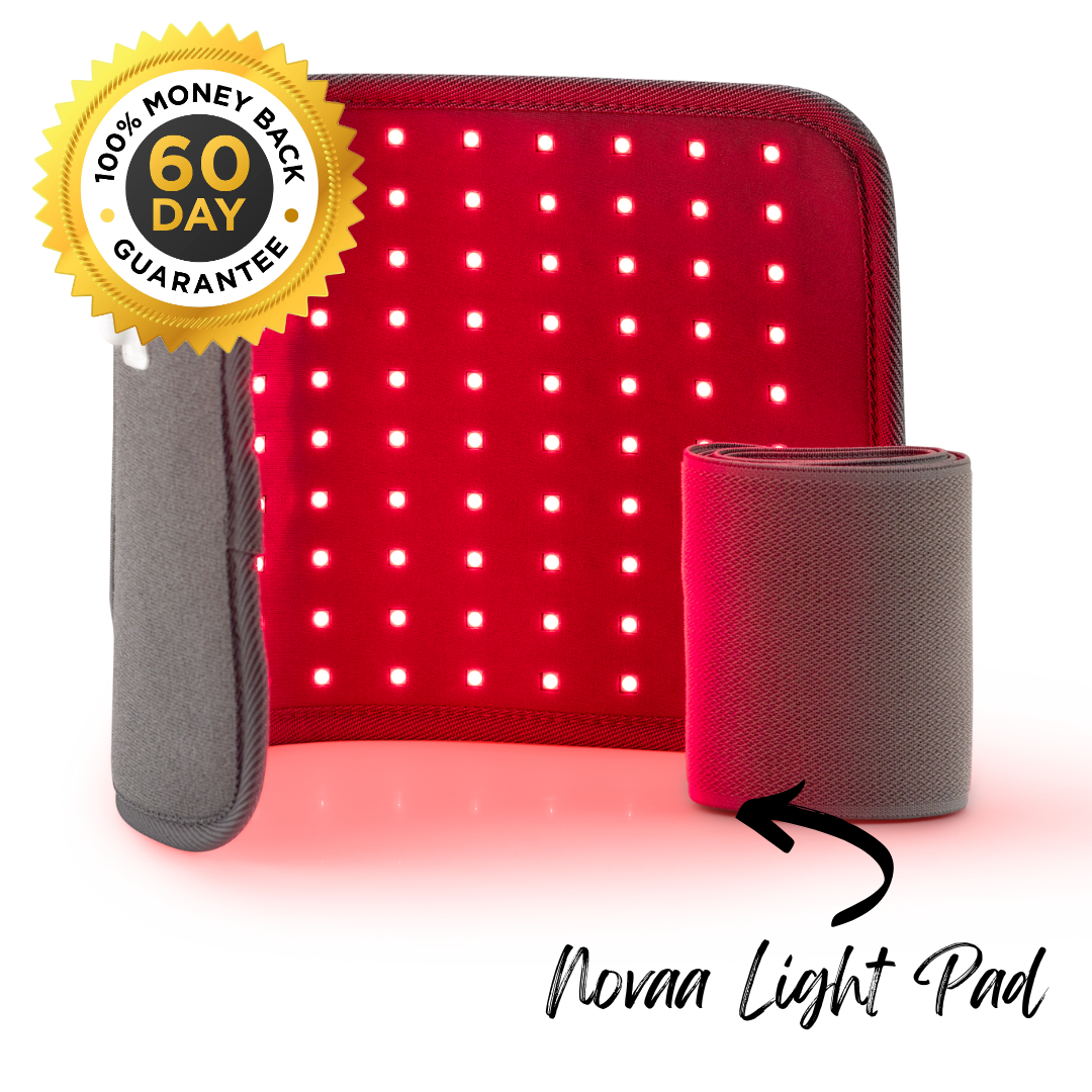 Red light therapy pad with 60-day money-back guarantee badge.
