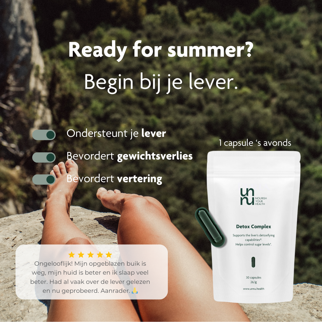 Detox supplement advertisement featuring benefits and customer testimonial in Dutch.