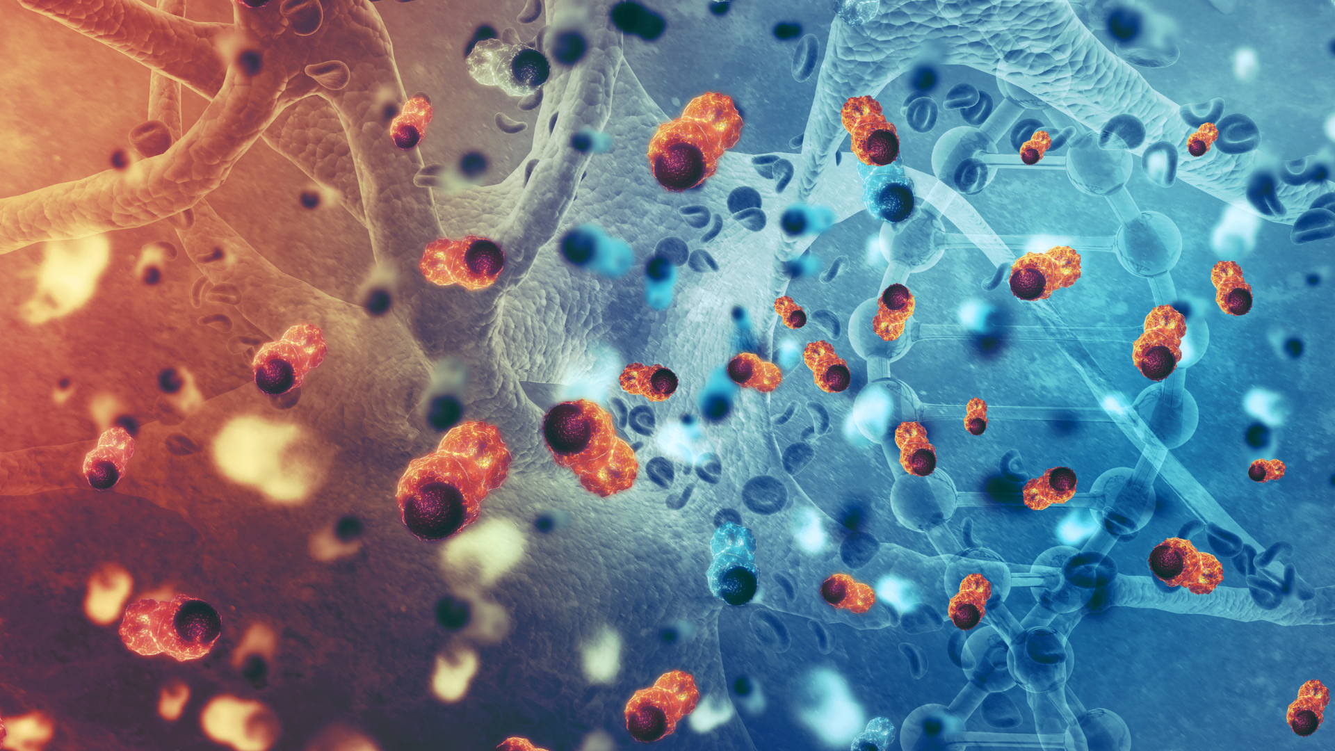 Abstract depiction of cancer cells among DNA strands.