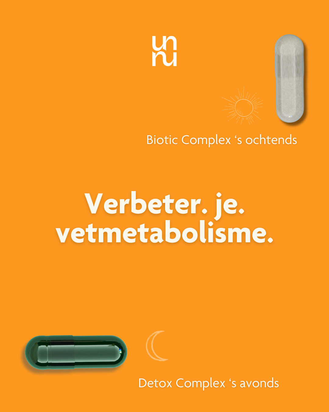 Orange background with two capsules labeled for morning and evening use to improve metabolism.