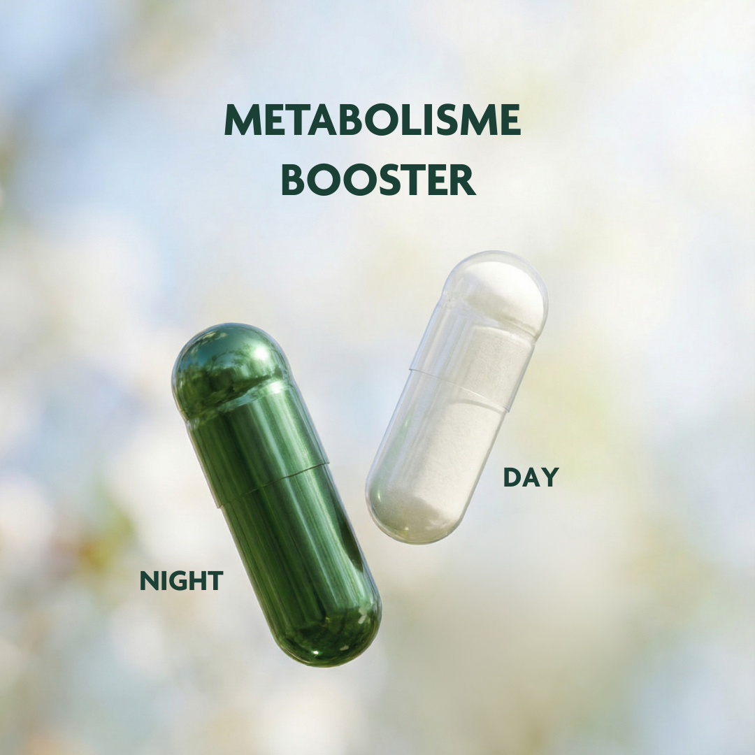 A green 'Night' capsule and a white 'Day' capsule floating against a blurred background, advertising a 'Metabolisme Booster'.