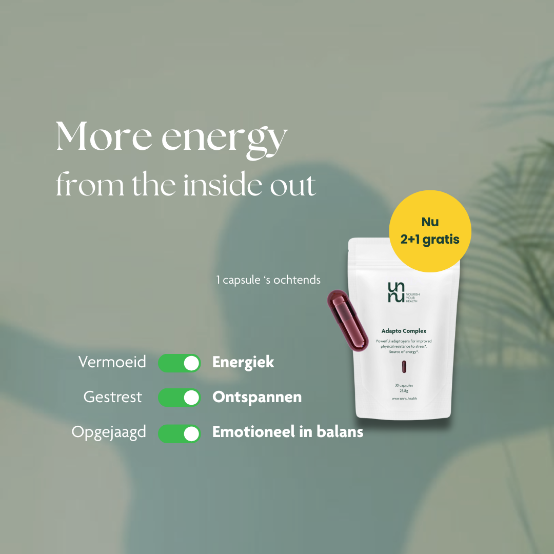Supplement advertisement with energy-boosting and relaxation claims, featuring a capsule and packaging.
