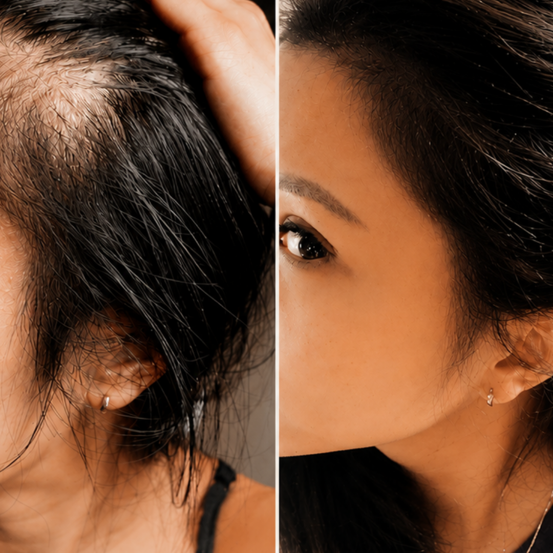 A split-screen comparison showing a woman's scalp with thinning hair on the left and fuller hair on the right.