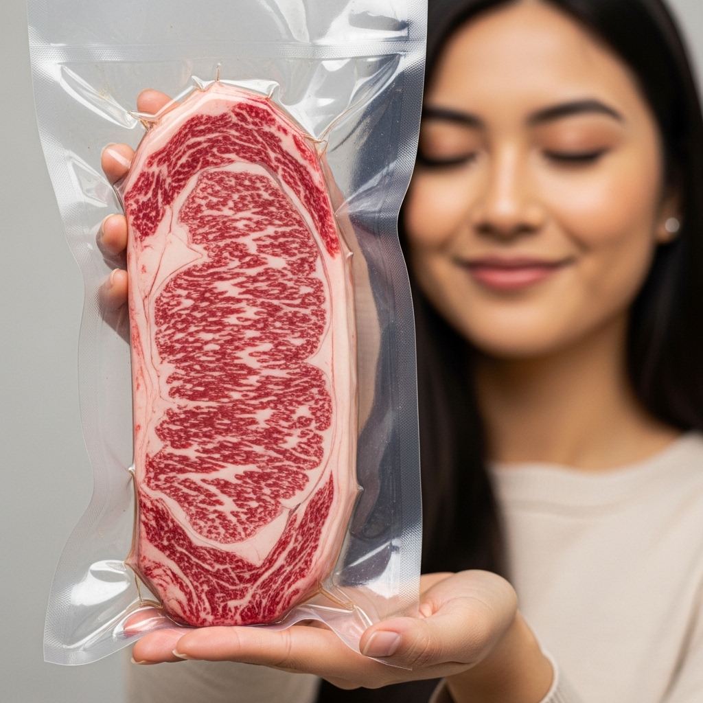 Person holding vacuum-sealed marbled meat, smiling with eyes closed.