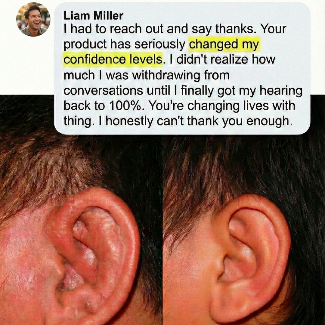 A before and after image showing an ear with a skin condition that has healed, with a testimonial.