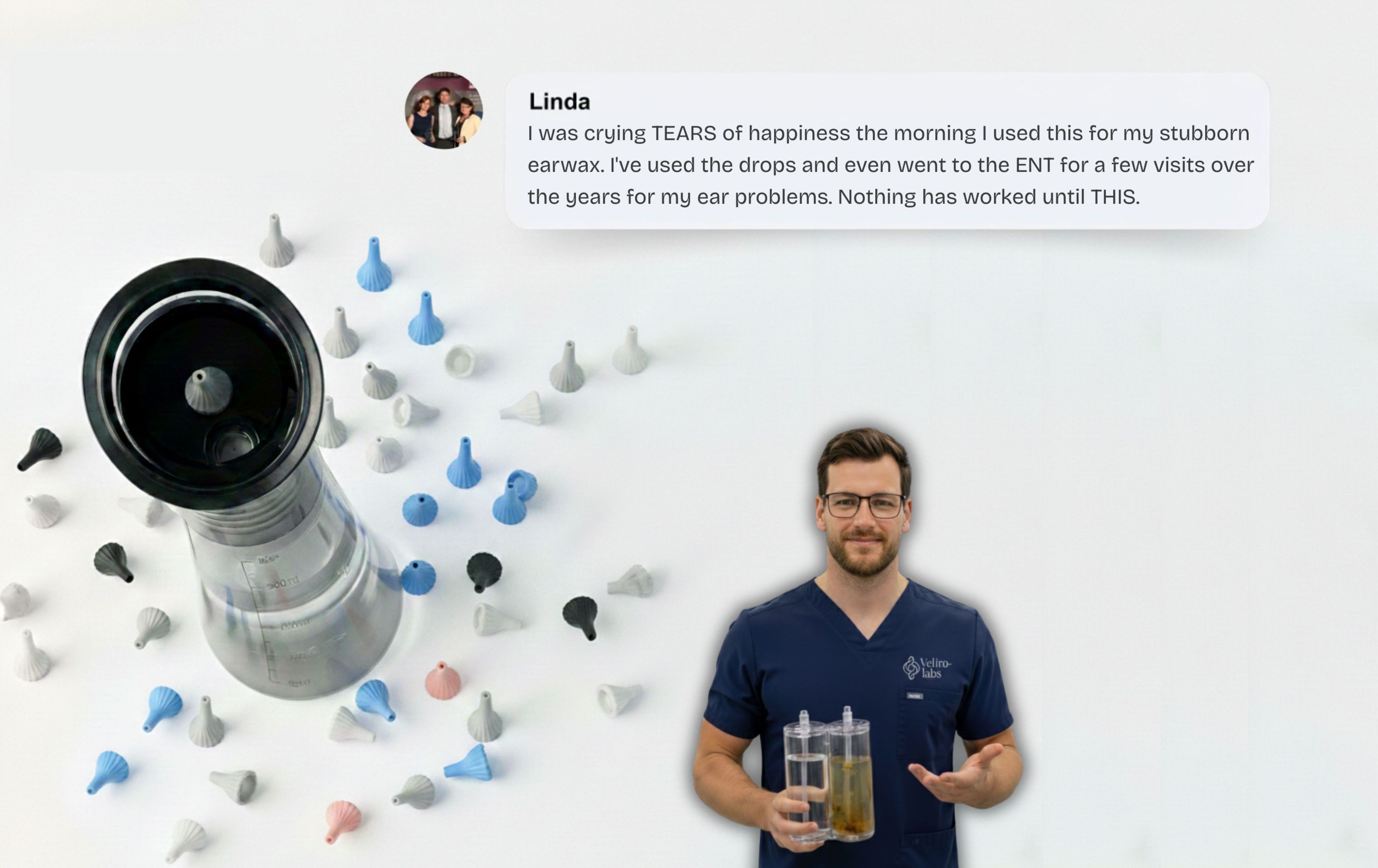 An earwax removal kit with a customer testimonial and a man in scrubs holding a demonstration.