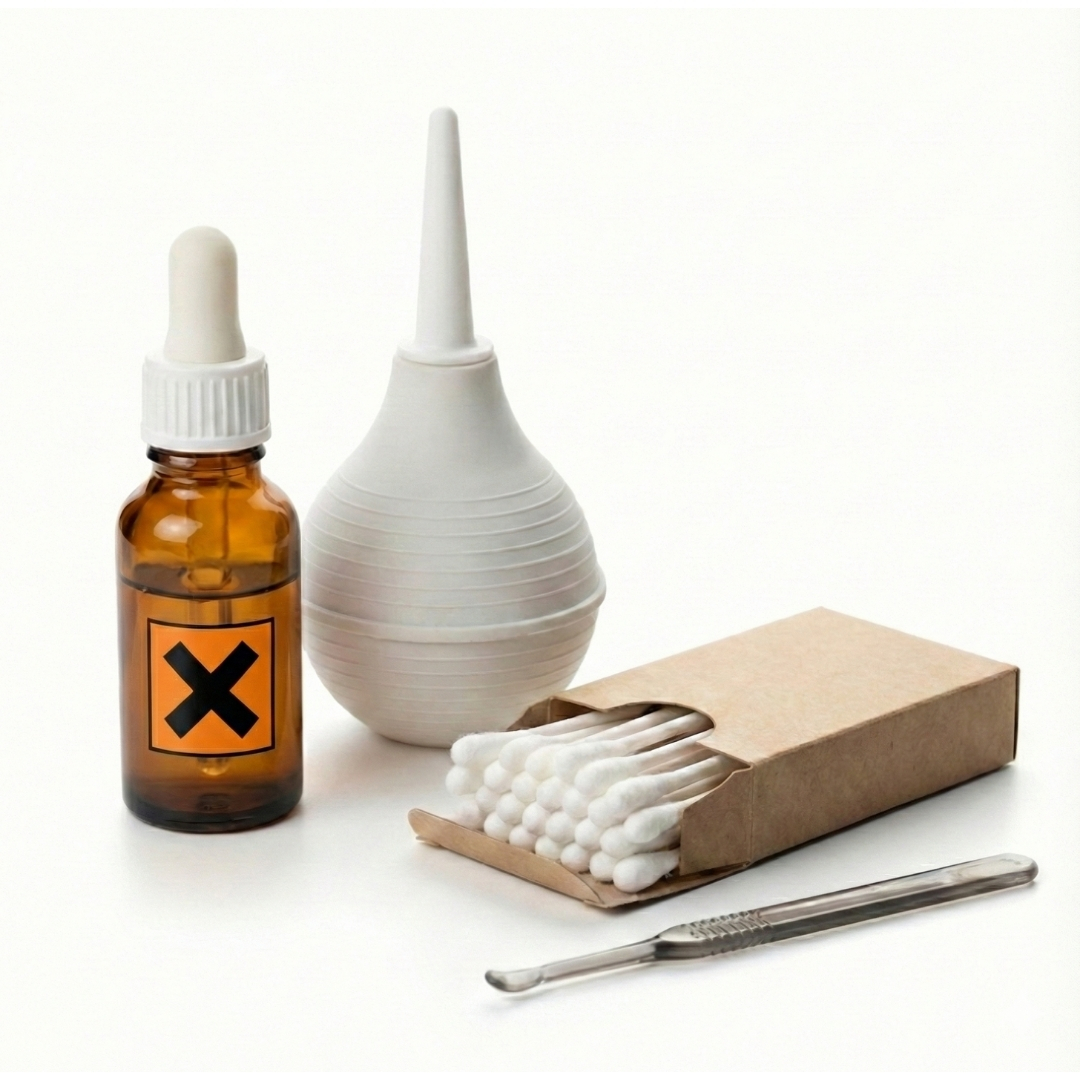 A dropper bottle with a hazard symbol, a bulb syringe, cotton swabs, and a small tool on a white background.