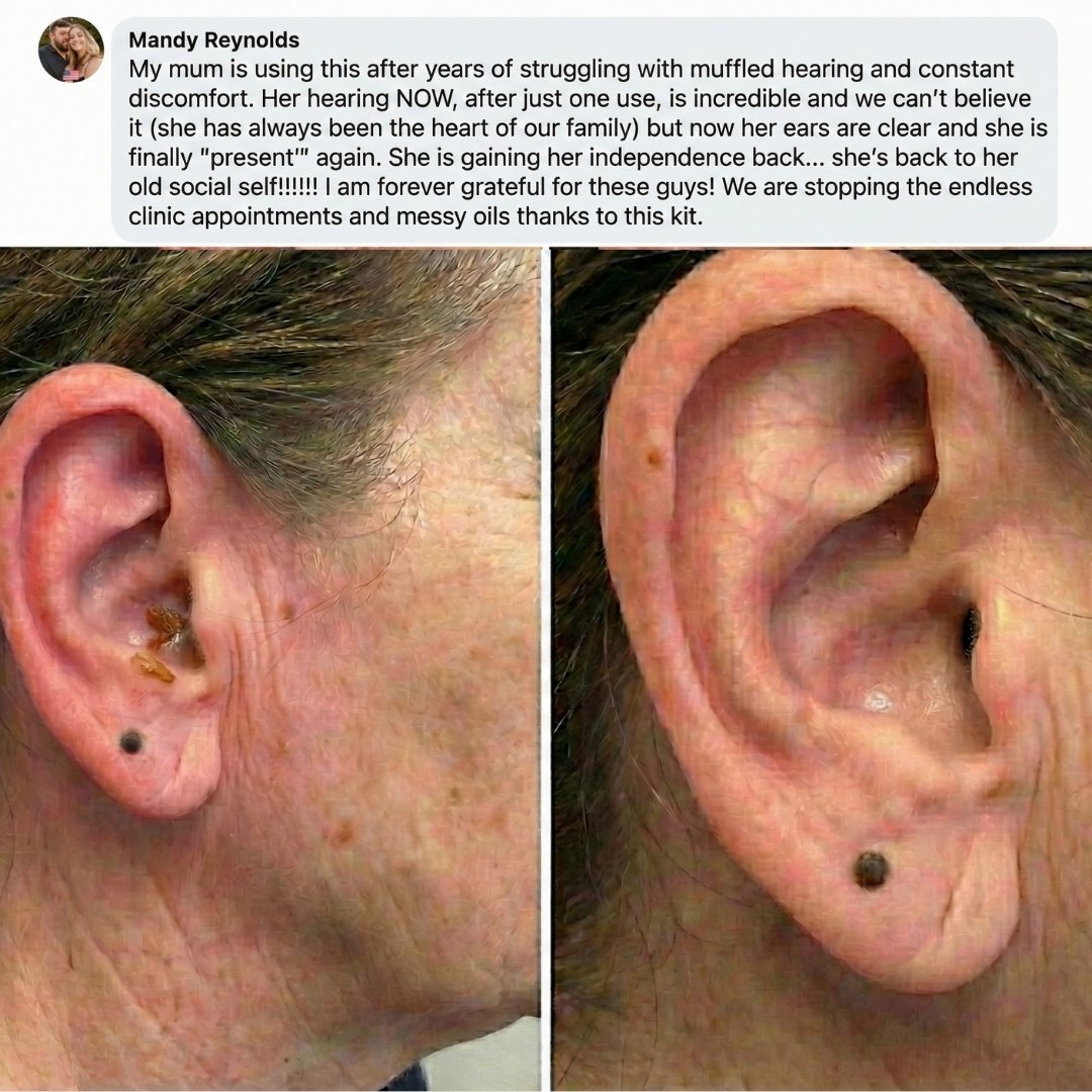 A before and after image showing an ear with earwax on the left and a clean ear on the right.