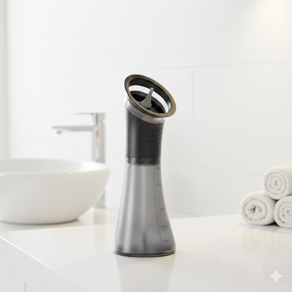 A modern grey and black dispenser on a white bathroom counter next to a sink and rolled towels.
