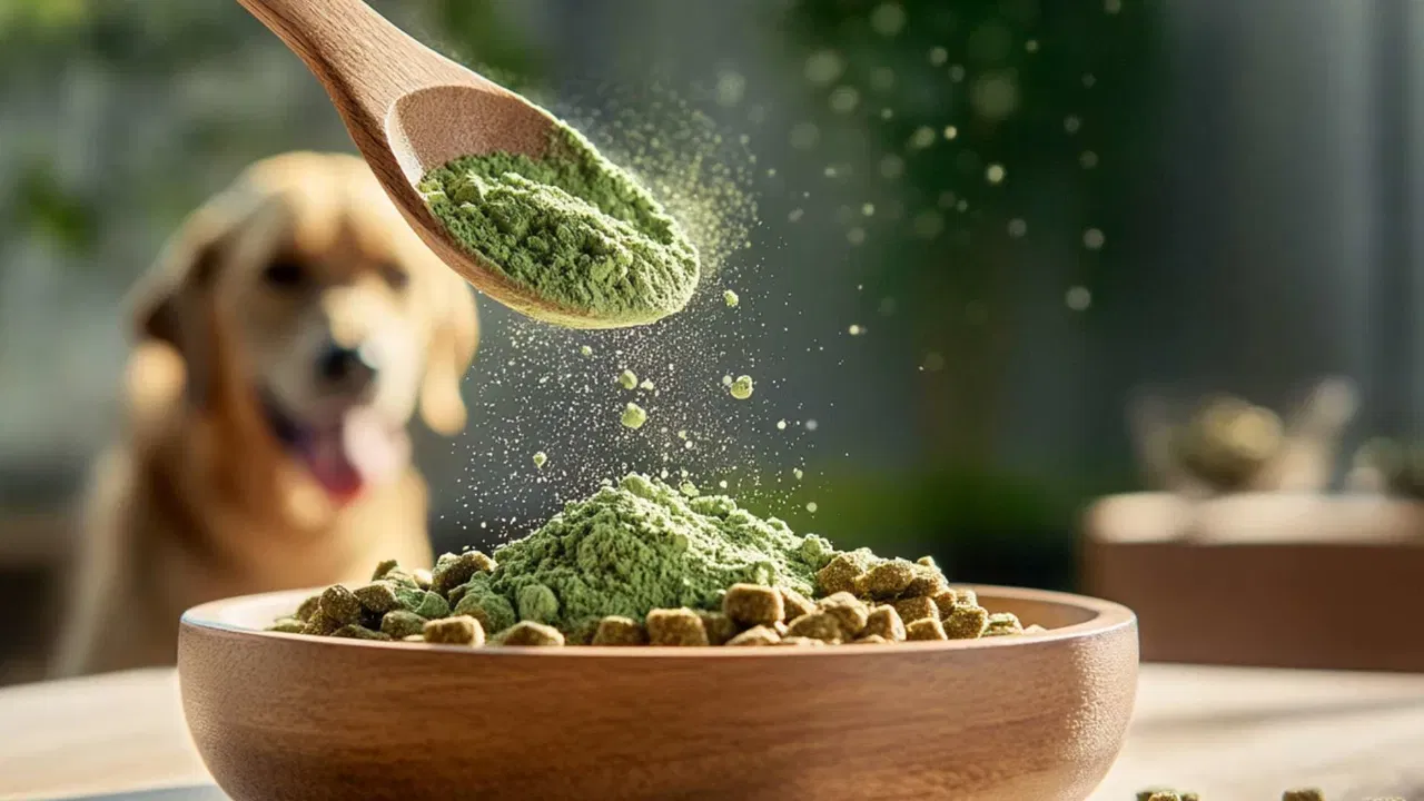 A wooden spoon sprinkles green powder onto dog food in a bowl, with a golden dog in the background.