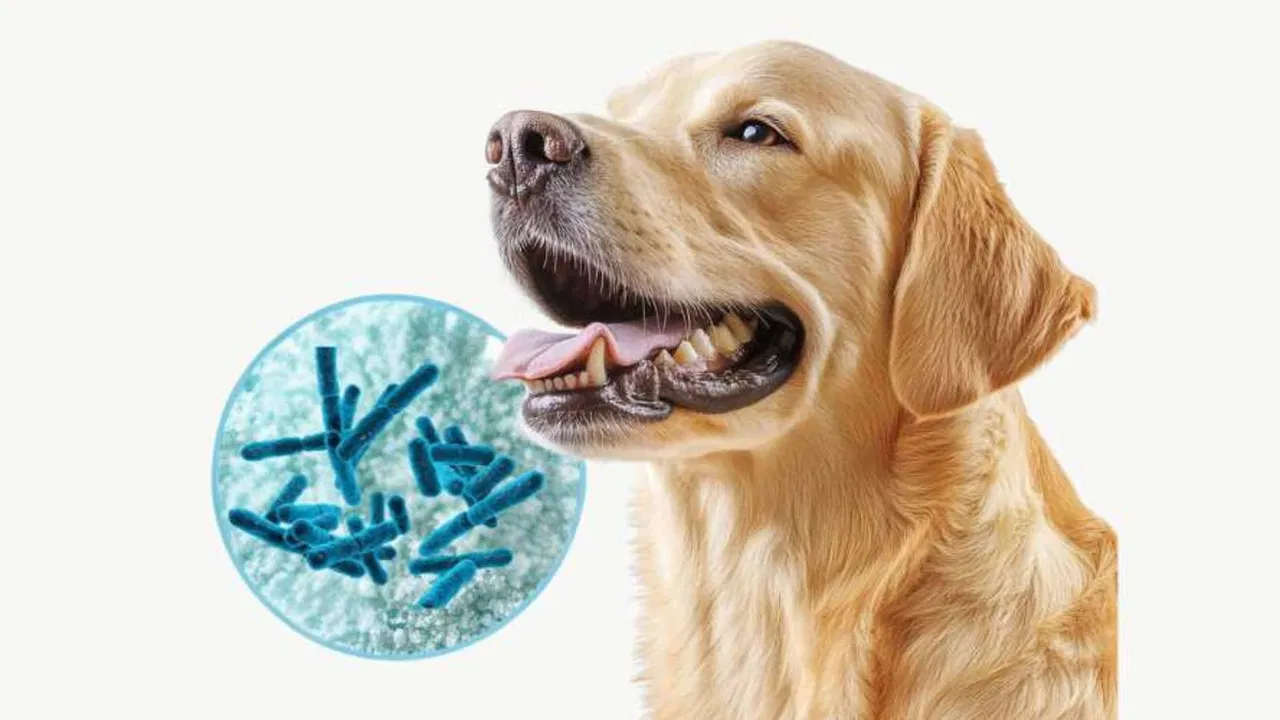 A golden retriever next to a circular graphic showing a microscopic view of blue bacteria.