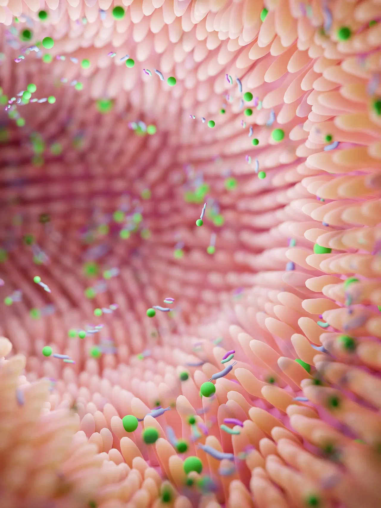 Close-up of pink fibers with floating green spheres in a spiral pattern.