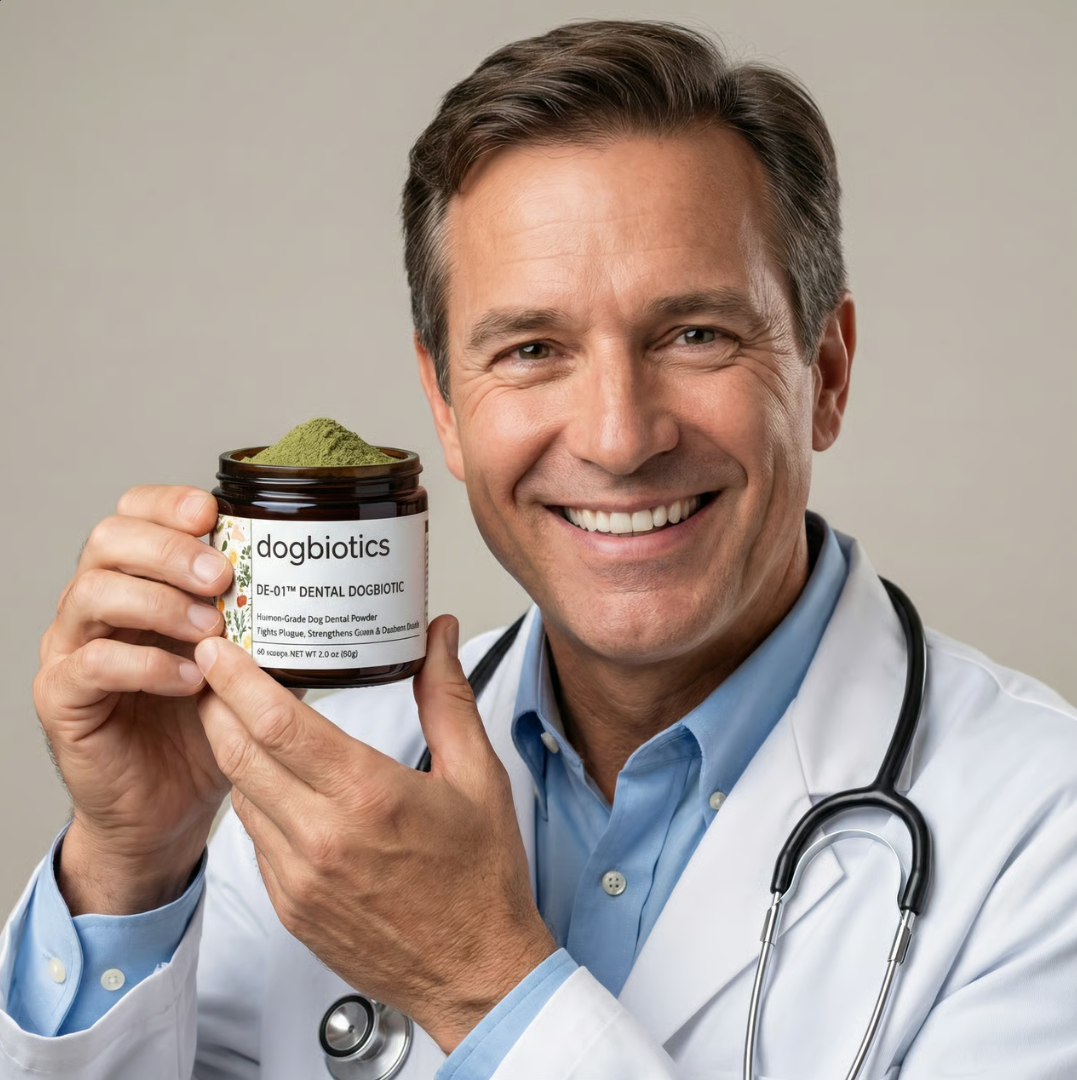 A smiling man in a lab coat and stethoscope holds up a jar of dogbiotics dental powder.