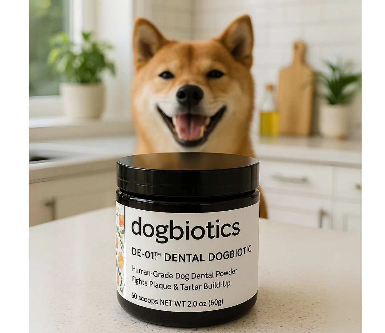 A smiling Shiba Inu dog sits behind a jar of Dogbiotics dental powder on a kitchen counter.