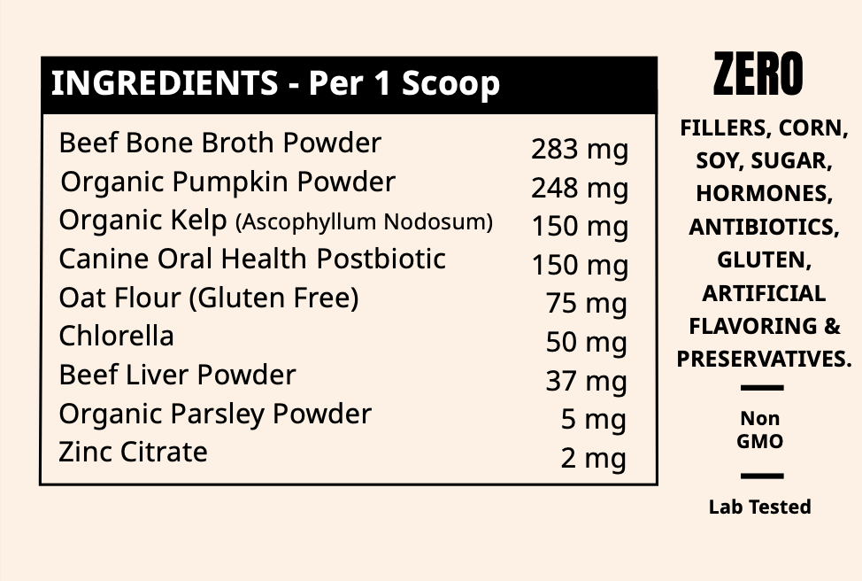 Ingredient list and claims for a supplement product, stating zero fillers and non-GMO.