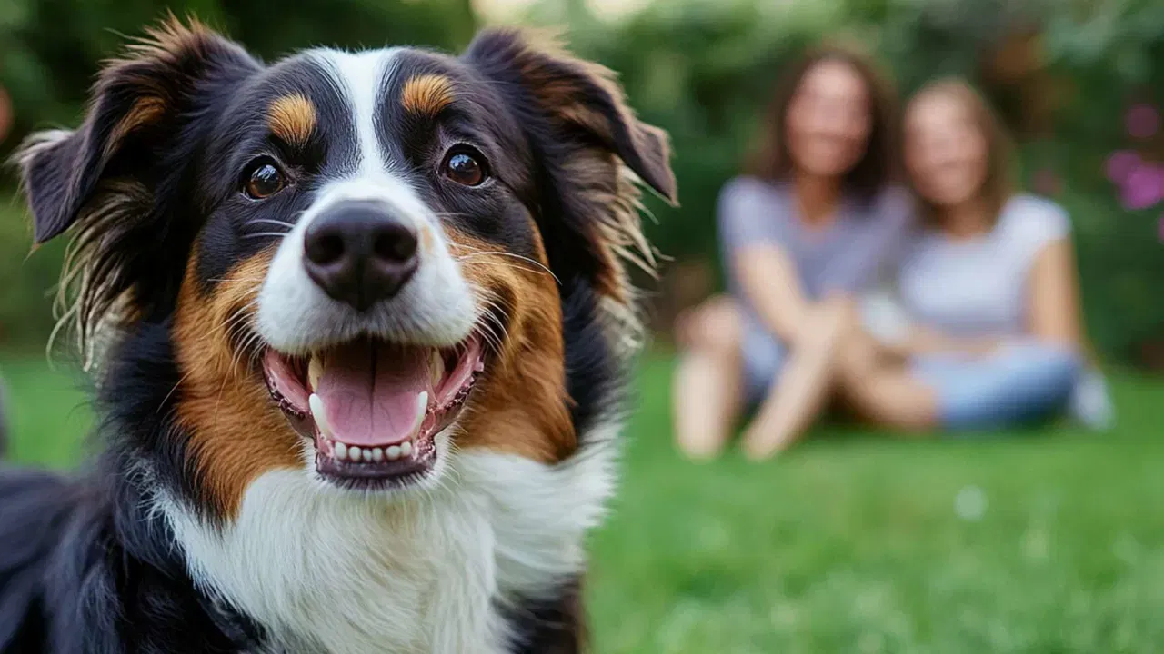 A close-up of a happy tricolor dog with two people blurred in the background sitting on grass.