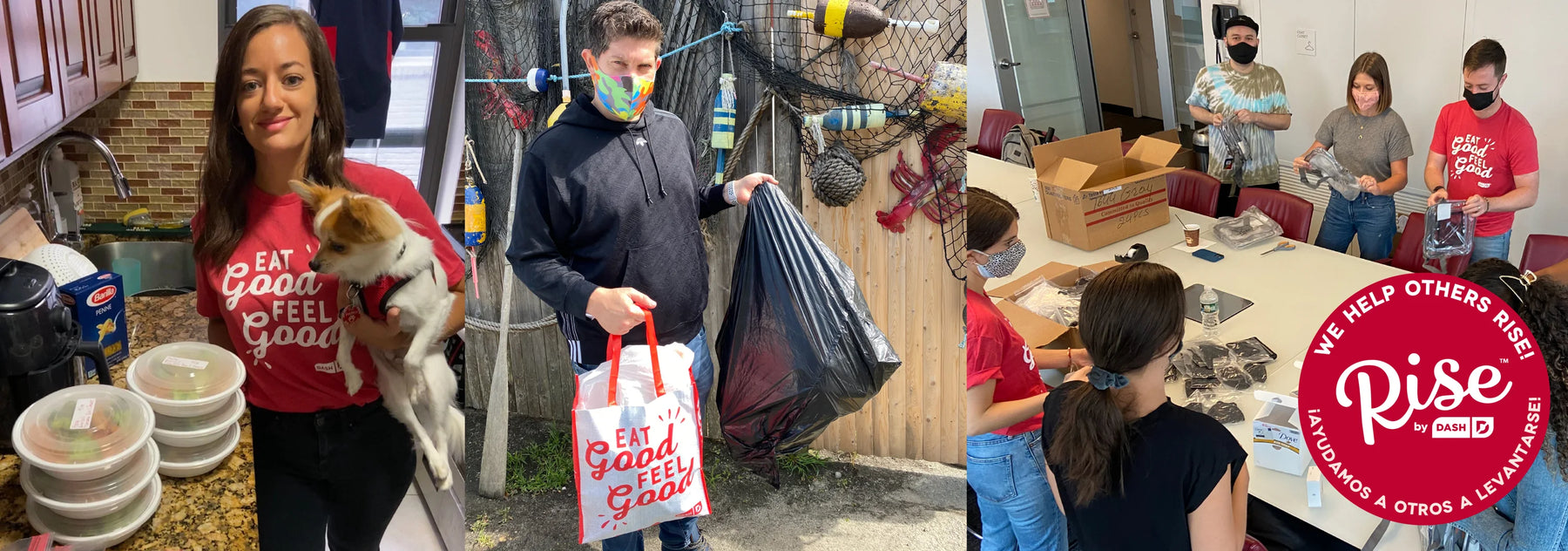Team members wearing 'Eat Good Feel Good' shirts volunteering through Rise by Dash — giving back through food, cleanup, and care packages.