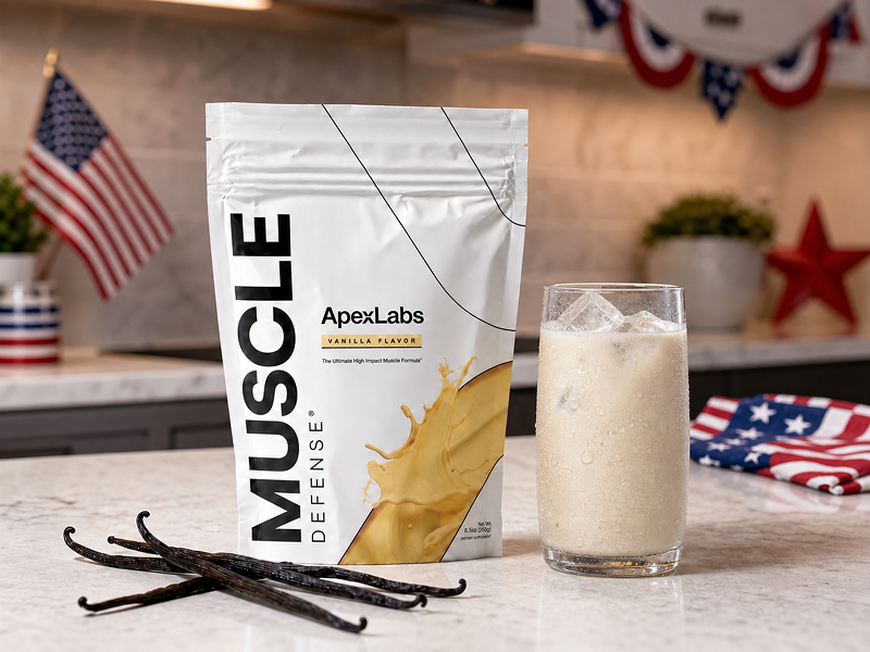 A pouch of vanilla-flavored Muscle Defense powder with a prepared shake, vanilla beans, and patriotic decorations.