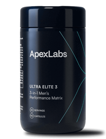 A dark blue bottle of ApexLabs Ultra Elite 3, a 3-in-1 Men's Performance Matrix supplement.