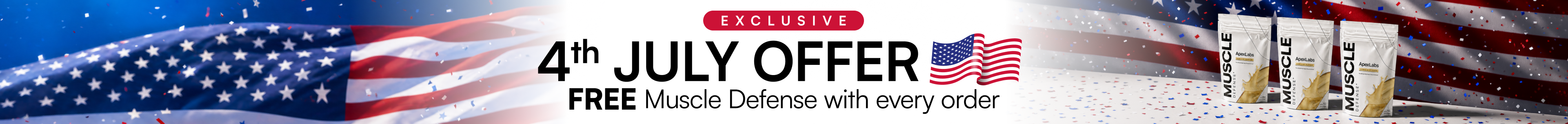 A 4th of July promotional banner for Muscle Defense supplements, set against an American flag and confetti.