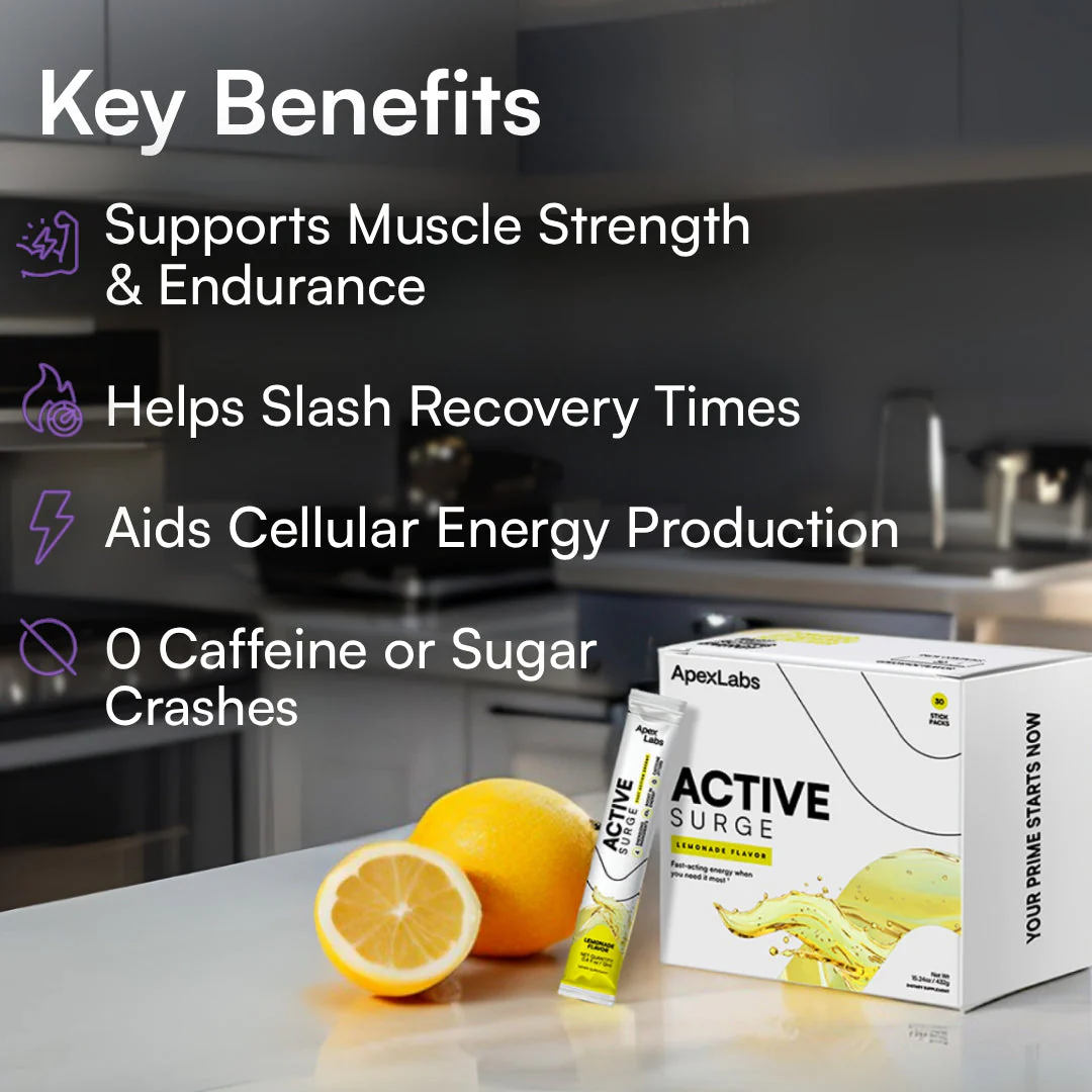 A box of Active Surge lemonade drink mix on a counter next to lemons, with key benefits listed.