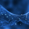 An abstract, blue, web-like structure with glowing points of light connected by thin lines.