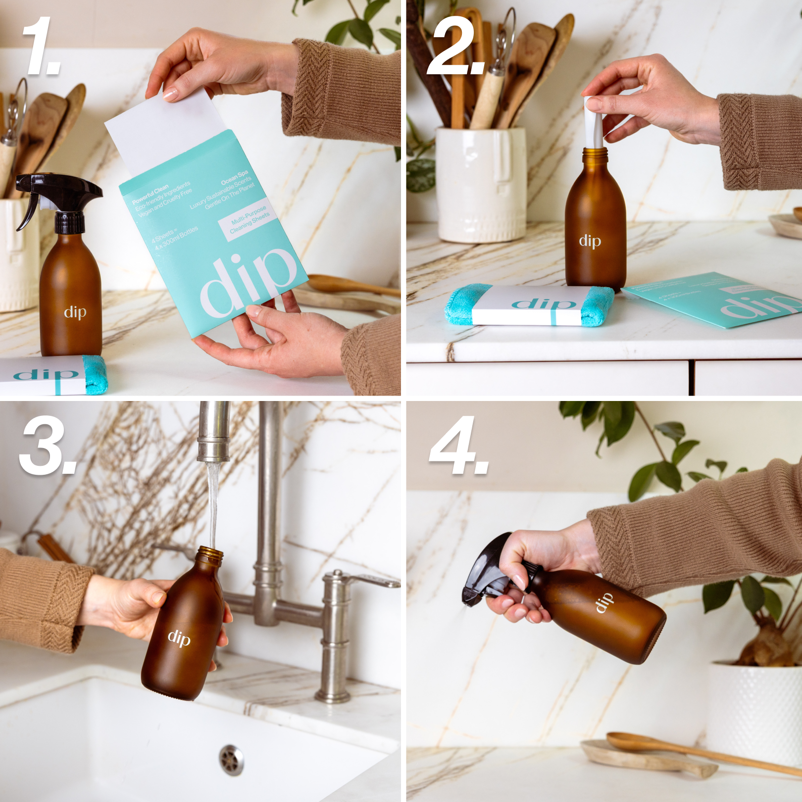 Four-step process of preparing a spray bottle with a cleaning solution.