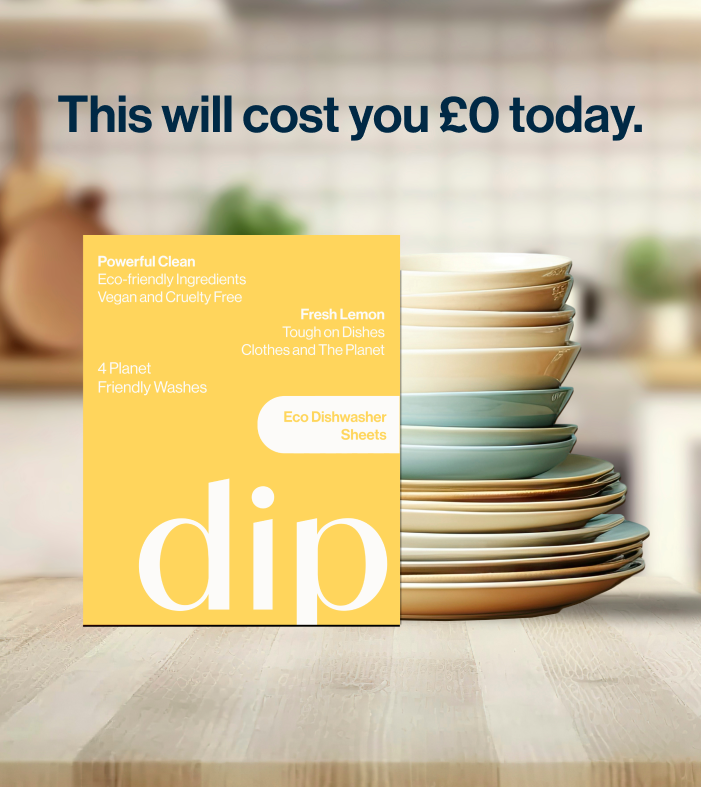 Eco-friendly dishwasher sheets with stacked plates, promoting a free offer.
